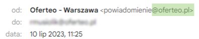 przykład nadawcy e-maila wysłanego przez Oferteo