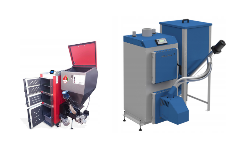 Dwa kotły na pellet w różnych kolorach