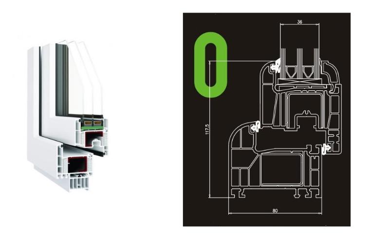 Przekrój okna sześciokomorowego zaokrąglonego i bardziej kanciastego