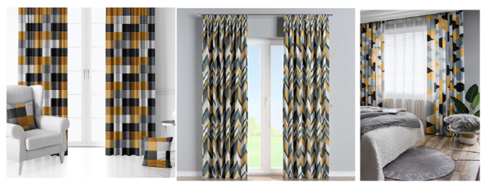 Zasłony w geometryczne wzory w salonie