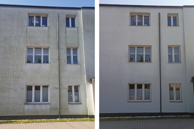 Zdjęcie przed i po wymyciu elewacji bloku