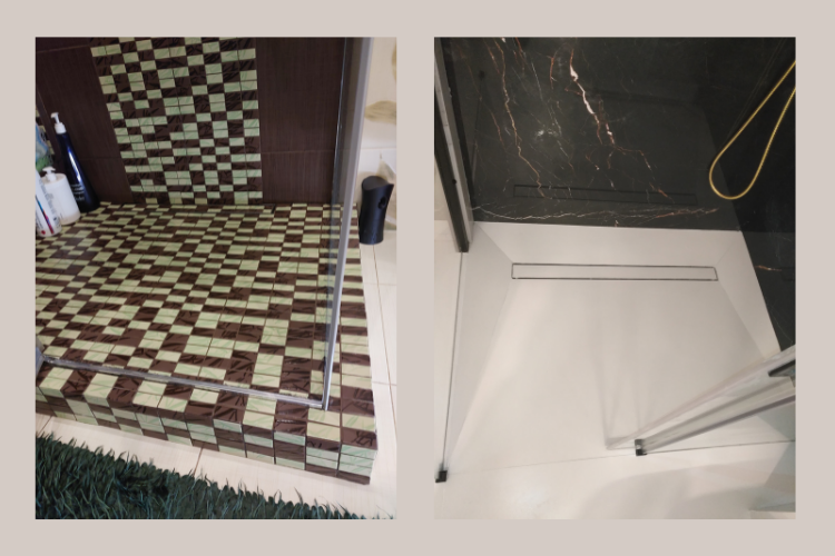 Zdjęcia łazienki – odpływ liniowy i ułożone kafelki