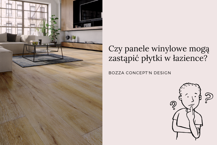 Zdjęcie paneli podłowych, obok napis: Czy panele winylowe mogą zastąpić płytki w łazience?