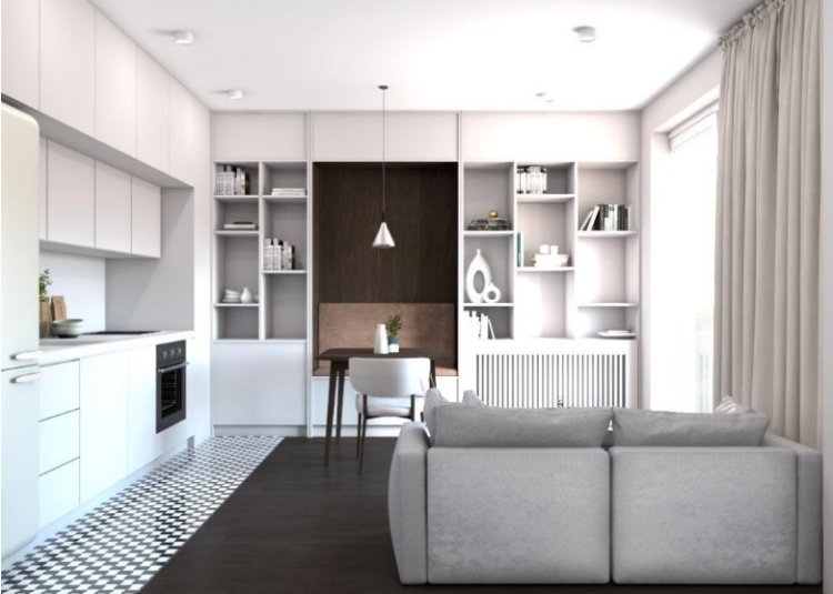 Wizualizacja salonu połączonego z kuchnią i jadalnią – przykład projektu małego wnętrza w Warszawie