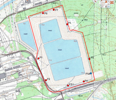 Rys. 1. Lokalizacja piezometrów sieci monitoringu poziomu wodonośnego czwartorzędu wokół Składowiska Odpadów